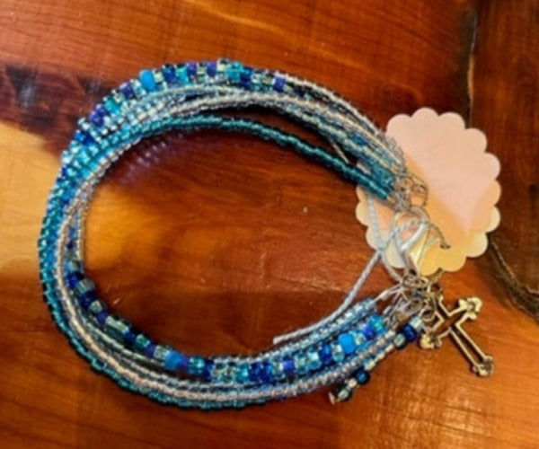 FIVE-STRAND BLUE & SILVER BRACELET WITH CROSS CHARM JE115
