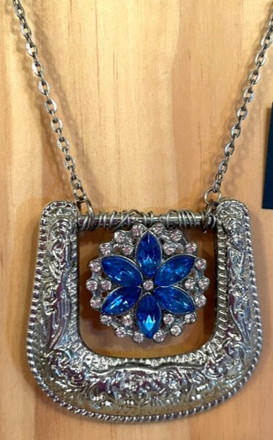 BLUE CRYSTAL FLOWERED BELT BUCKLE NECKLACE (JE49.)