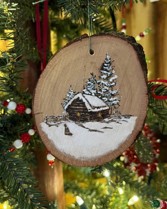 "CABIN IN THE SNOW" woodburned ornament **SOLD!