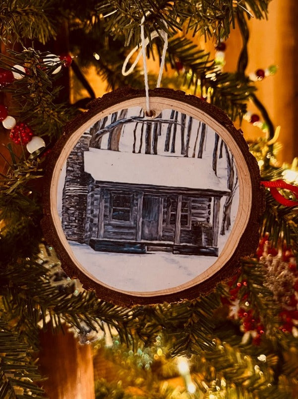 CABIN IN SNOW CHRISTMAS ORNAMENT