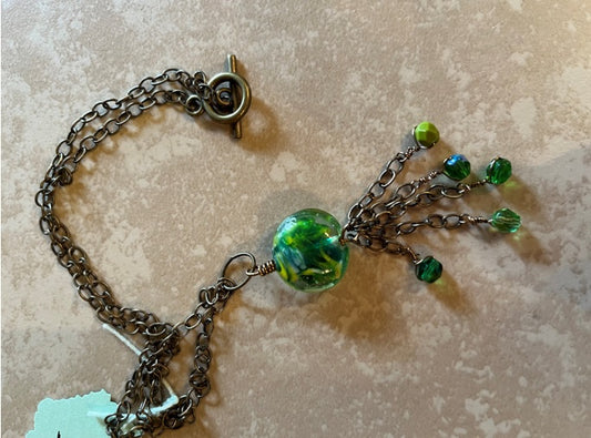 GREEN LAMPWORK PENDANT WITH CASCADING CHAINS & BEADS (JE36)