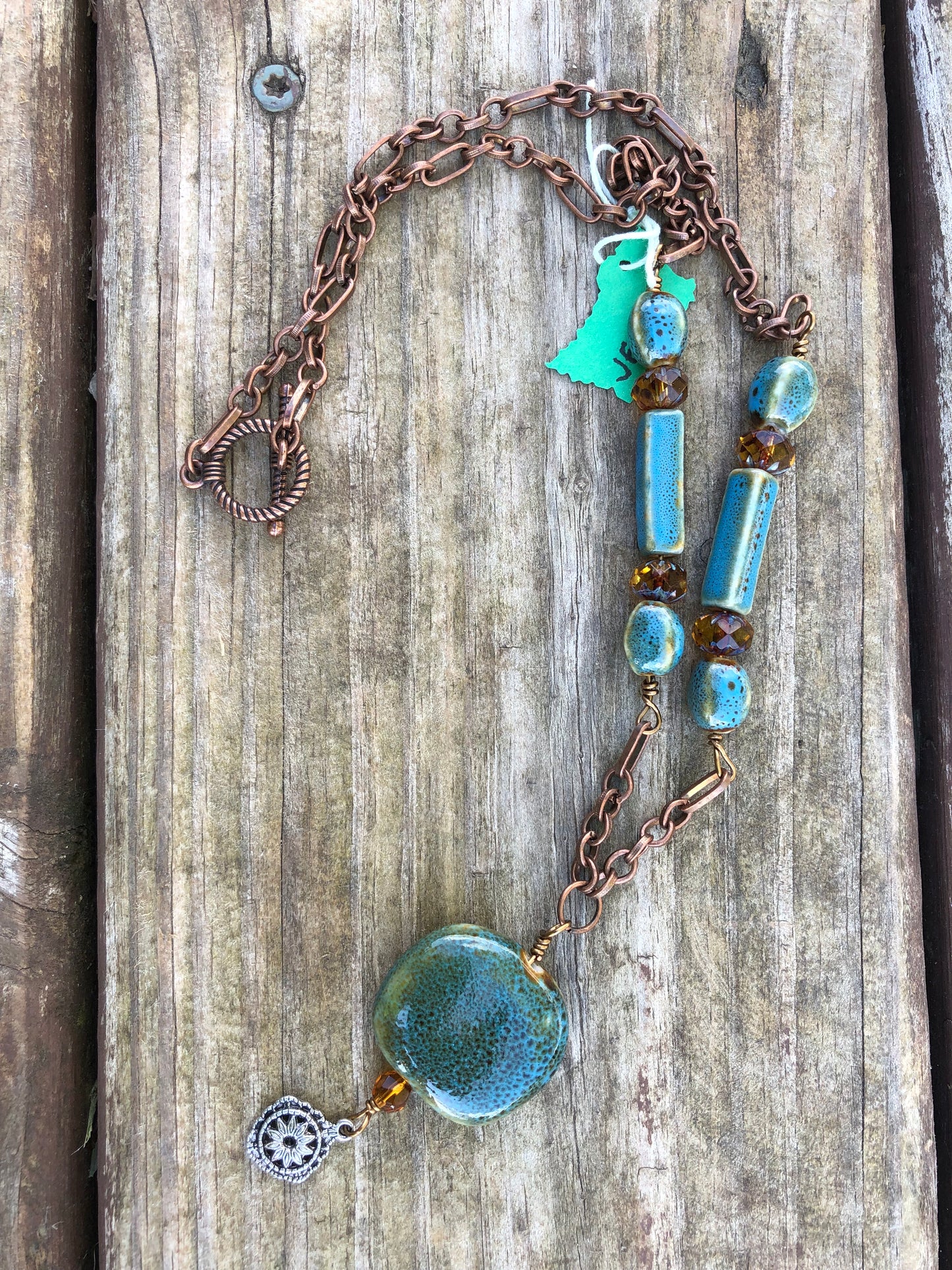 BLUE-GREEN CERAMIC & AMBER BEADED NECKLACE (JE23)